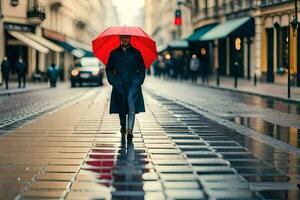 een persoon wandelen naar beneden een straat met een paraplu. ai-gegenereerd foto