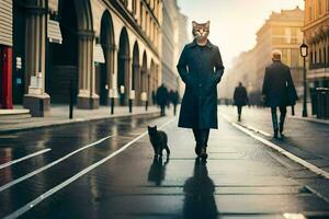 een Mens en kat wandelen naar beneden een stad straat. ai-gegenereerd foto