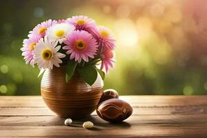 bloemen in een vaas Aan een tafel. ai-gegenereerd foto