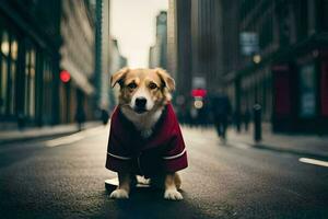 een hond vervelend een rood jas staand Aan de straat. ai-gegenereerd foto