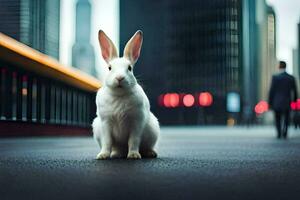 een wit konijn zittend Aan de straat in voorkant van een stad. ai-gegenereerd foto