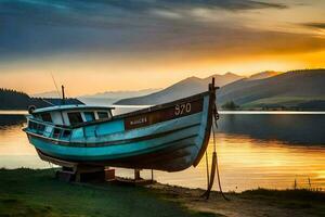 een boot zit Aan de kust Bij zonsondergang. ai-gegenereerd foto