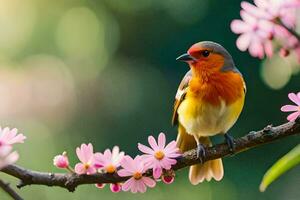 een vogel zit Aan een Afdeling met roze bloemen. ai-gegenereerd foto