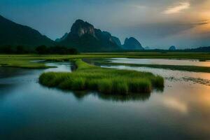 de zon sets over- een rivier- en bergen in China. ai-gegenereerd foto