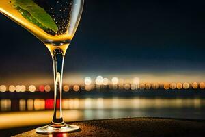 een glas van Champagne met een blad Aan de rand. ai-gegenereerd foto