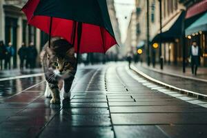 een kat wandelen Aan een nat straat met een paraplu. ai-gegenereerd foto