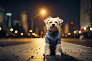 een klein hond in een blauw overhemd zittend Aan de straat Bij nacht. ai-gegenereerd foto