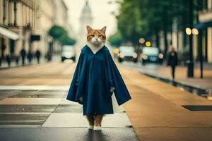 een kat gekleed in een diploma uitreiking japon wandelingen naar beneden een straat. ai-gegenereerd foto