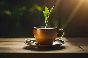 een groen fabriek spruiten van een kop van koffie. ai-gegenereerd foto