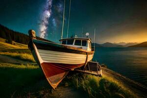 een boot zit Aan de kust van een meer onder een sterrenhemel lucht. ai-gegenereerd foto