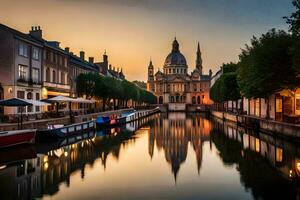 een kanaal in de midden- van een stad Bij zonsondergang. ai-gegenereerd foto