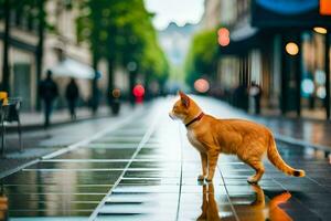 een oranje kat is wandelen Aan een nat straat. ai-gegenereerd foto