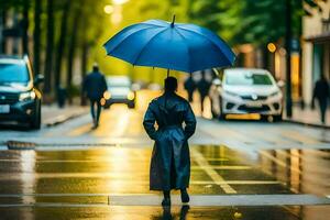 een vrouw wandelen in de regen met een paraplu. ai-gegenereerd foto