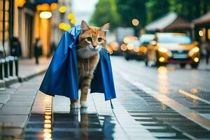 een oranje kat vervelend een blauw regenjas Aan een stad straat. ai-gegenereerd foto