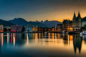 foto behang de lucht, bergen, stad, meer, bergen, meer, bergen, meer,. ai-gegenereerd