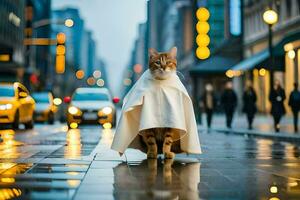 een kat gekleed in een kaap wandelingen naar beneden een stad straat. ai-gegenereerd foto