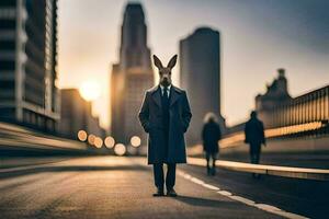 een konijn in een pak en stropdas staand in de midden- van een stad straat. ai-gegenereerd foto