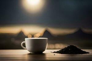 koffie kop en koffie bonen Aan een houten tafel. ai-gegenereerd foto