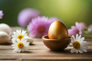 gouden ei in een houten kom met madeliefjes en bloemen. ai-gegenereerd foto