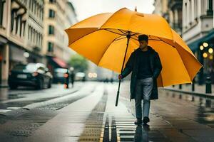 een Mens wandelen in de regen met een paraplu. ai-gegenereerd foto