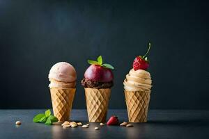 drie ijs room kegels met verschillend smaken. ai-gegenereerd foto