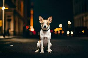 een hond zittend Aan de straat Bij nacht. ai-gegenereerd foto