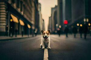een hond is staand in de midden- van een stad straat. ai-gegenereerd foto