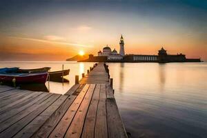 een boot is aangemeerd Bij de einde van een pier Bij zonsondergang. ai-gegenereerd foto