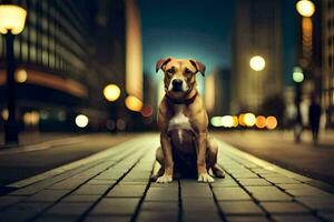 een hond zittend Aan de straat Bij nacht. ai-gegenereerd foto