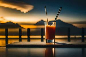 een glas van sap met twee rietjes Aan een tafel in voorkant van een zonsondergang. ai-gegenereerd foto