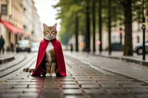 een kat vervelend een rood kaap Aan een straat. ai-gegenereerd foto