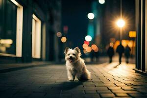 een klein wit hond zittend Aan de trottoir Bij nacht. ai-gegenereerd foto