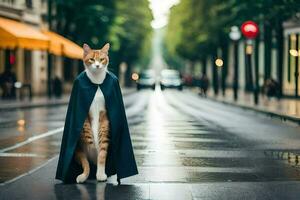 een kat gekleed in een kaap staand Aan de straat. ai-gegenereerd foto