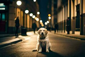 een hond zittend Aan de straat Bij nacht. ai-gegenereerd foto