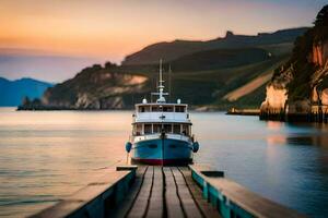 een boot aangemeerd Bij de einde van een pier. ai-gegenereerd foto