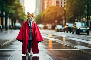 een kat gekleed net zo een rechter in een rood jas. ai-gegenereerd foto