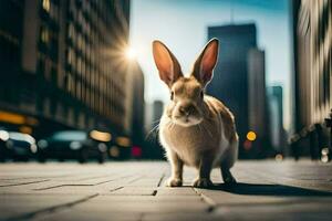 een konijn is staand in de midden- van een stad straat. ai-gegenereerd foto