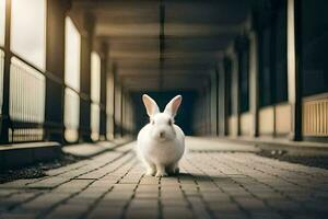 een wit konijn is staand in een donker tunnel. ai-gegenereerd foto