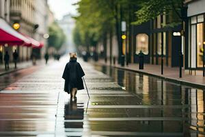 een persoon wandelen naar beneden een nat straat met een hond. ai-gegenereerd foto