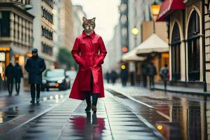 een vos vervelend een rood jas wandelen naar beneden een straat. ai-gegenereerd foto