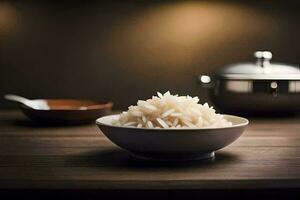 een kom van rijst- zit Aan een tafel De volgende naar een zilver pot. ai-gegenereerd foto