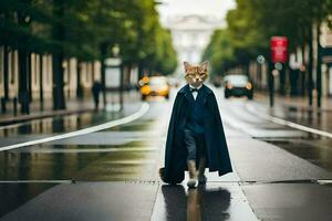 een kat gekleed net zo een Mens wandelen naar beneden een straat. ai-gegenereerd foto