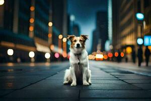 een hond zittend Aan de straat Bij nacht. ai-gegenereerd foto