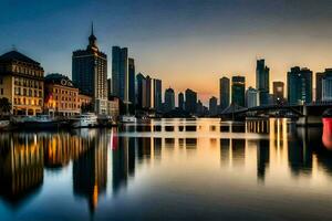 een stad horizon Bij zonsondergang met een rivier- en gebouwen. ai-gegenereerd foto