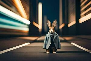 een konijn vervelend een pak en stropdas staand in de midden- van een stad straat. ai-gegenereerd foto