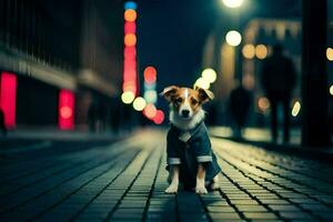 een hond in een pak staand Aan een straat Bij nacht. ai-gegenereerd foto