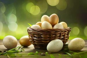 een mand vol van eieren Aan een houten tafel. ai-gegenereerd foto