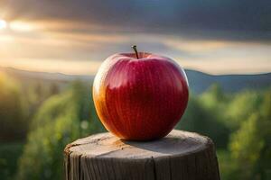 een appel zit Aan top van een stomp in voorkant van een zonsondergang. ai-gegenereerd foto