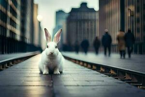 een wit konijn is zittend Aan de sporen in een stad. ai-gegenereerd foto