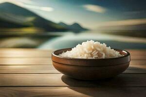 rijst- in een kom Aan een houten tafel. ai-gegenereerd foto